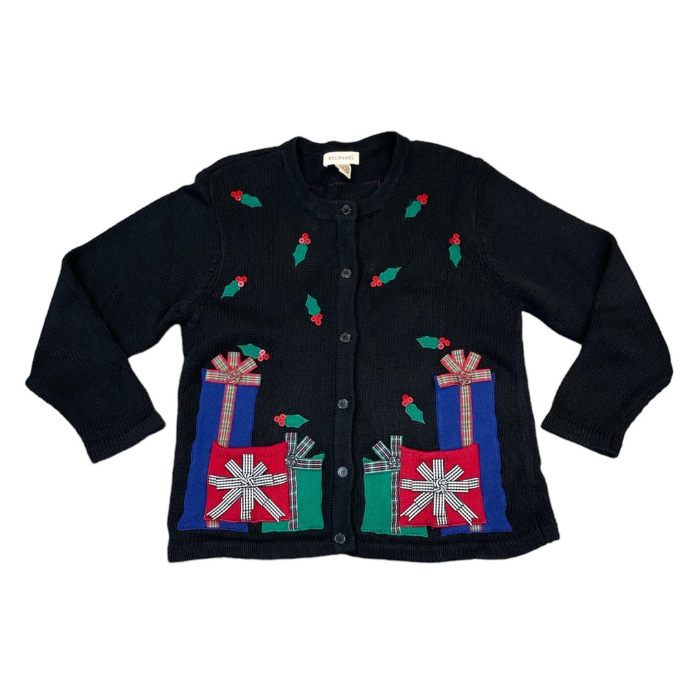 Bechamel Christmas Sweater Ramie Cotton Presents Holly Cardigan Size Large